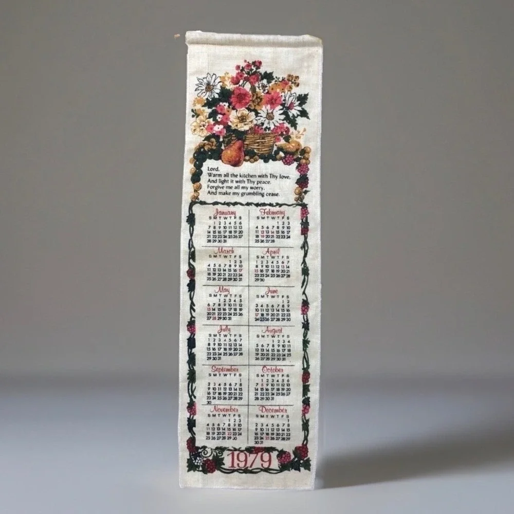 Vintage 1979 Linen Wall Calendar Floral Kitchen Prayer Hanging Tea Towel Retro